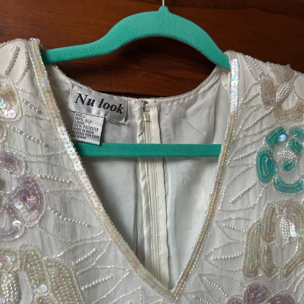 Vintage Floral Sequined Embroidered Teal, Pink & White Blouse - Picture 5 of 10